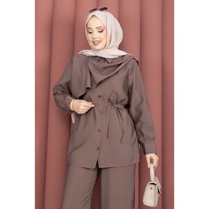 Conjunto de Dos Piezas de Hijab Color Café para Mujer Musulmana, Estampado Floral, Tejido de Crepé, Estilo Casual para Oficina, Chal para Hombros, Lazo para Cintura - Product Image 2