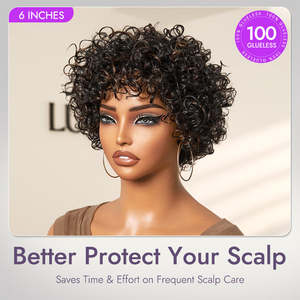 Brown & Black 100% Human Hair Wig with Bangs Short Bouncy Curls & Highlight Throw-On & Go Glueless Design US Only - Product Image 3
