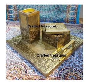 Caja de Madera Tradicional India con Trabajos en Latón, Organizador de Almacenamiento con Tarro, Porta Incienso Mubakhar, Regalo para el Hogar u Oficina para Fragancias - Product Image 1