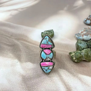 Anillo ajustable plata esterlina algodón caramelo turquesa hecho a mano - Product Image 1