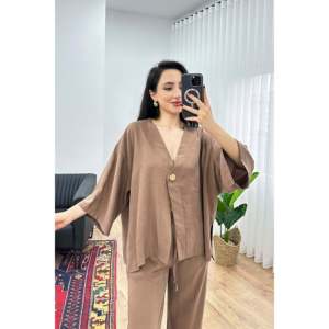 Conjunto de Dos Piezas LUSTRIN para Mujer, Blusa Cruzada de Mezcla Modal y Pantalones Anchos de Cintura Alta con Detalle de Lazo en la Cintura, Atuendo Casual Marrón - Product Image 3