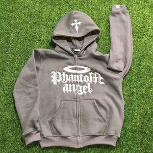 Unisex Heavy Weight Luxury Cotton Distressed Embroidery Applique Custom Oversized Cropped Zip up <b>Hoodie</b> - Product Image 1