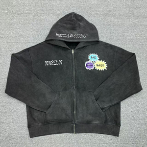 เสื้อฮู้ดดี้ผู้ชายผ้าฝ้ายเนื้อหนาคุณภาพสูง ล้างสีแบบแอซิดฟอก ซีดจางแบบโดนแดด ปักลายตามสั่ง ซิปแบบรูดขึ้น ผ้าเฟรนช์เทอร์รี่ ทรงโอเวอร์ไซส์ - Product Image 1