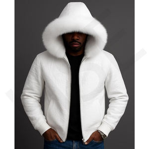 Veste en cuir faite à la main, vêtement d'extérieur gaufré, veste en cuir de luxe à capuche en fourrure blanche, veste d'hiver pour homme, style streetwear, style matelassé - Product Image 4