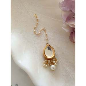 Elegant Gold Teardrop Maang <b>Tikka</b> with Pearl Dangle Traditional Indian Bridal <b>Headpiece</b> Statement Forehead Jewelry - Product Image 1
