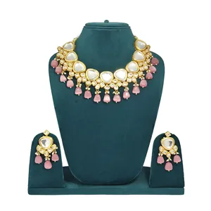 Parure de collier Kundan double couche complexe, plaqué or rouge clair, bijoux raffinés pour mariages, avec zircon et acier inoxydable - Product Image 4