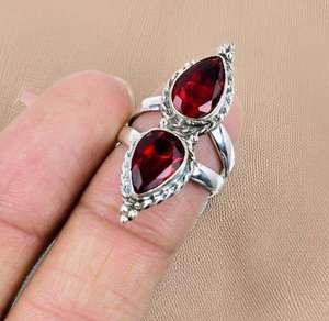 Bague de fiançailles de mariage en argent sterling 925 unisexe avec grenat naturel et diamant taille poire à la mode - Product Image 6