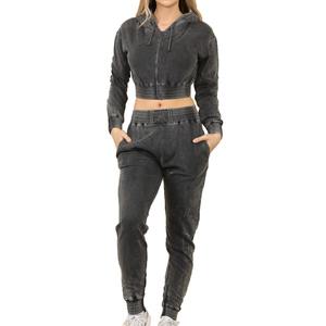 Chándal de dos piezas recortado con cremallera para mujer con logotipo personalizado Vintage lavado ácido 100% algodón polar 400 Gsm Sudadera con capucha de longitud corta para invierno - Product Image 1