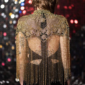 Robe de soirée asymétrique en mousseline brodée à la main avec franges et cristaux, tenue de club luxueuse, cape lourde et scintillante perlée - Product Image 1