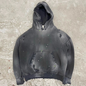 Sudadera con capucha rasgada de 500gsm, Jersey desgastado vintage en blanco personalizado para hombre con estampado de salpicaduras de pintura lavada con ácido y desteñida al sol - Product Image 1