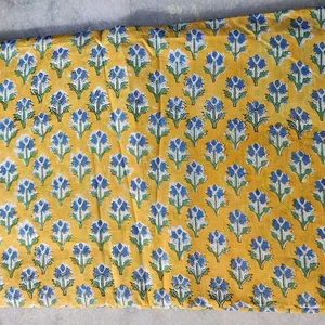 Tela de Algodón con Estampado Artesanal Sanganeri, Diseño Floral Amarillo, Ecológica, 120GSM, para Textiles del Hogar y Tapicería - Product Image 5