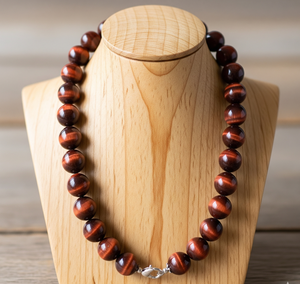 Collier de perles en pierre d'oeil de tigre rouge unisexe de 18 pouces argent 925 serrure nouée à la main design tendance accessoire de bijoux de mode cadeau - Product Image 1