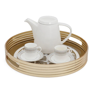 Bandeja redonda con espejo de metal dorado con diseño de recorte geométrico para servir bebidas de té y café o centro de mesa de decoración del hogar - Product Image 2