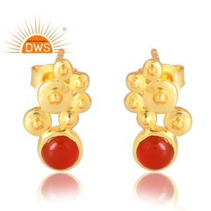Hot Selling 925 Sterling Silver 18K Gold Plated Natural Red <b>Onyx</b> Gemstone Stud <b>Earring</b> Demi Fine Jewelry Manufacturer - Product Image 1
