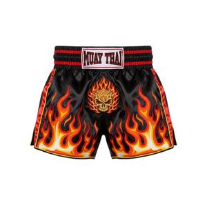 Pantalones Cortos de Boxeo Muay Thai Negros de Satén Elástico y Transpirable con Logotipo Personalizado para Hombre, Bordado de Calavera en Fuego, Kickboxing MMA - Product Image 1