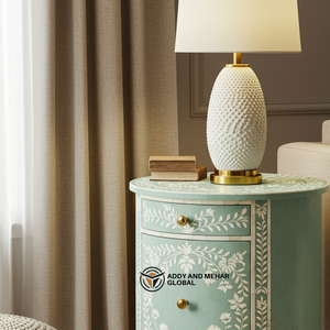 Mesita de noche con incrustaciones de hueso hechas a mano de lujo, mesita de noche con patrón Floral verde redondo - Product Image 4