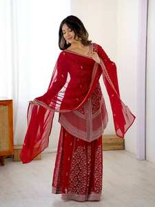 Ensemble palazzo en georgette rouge avec sequins et fils, travail de perles, broderie de fils et de sequins, haut et palazzo avec dupatta - Product Image 3