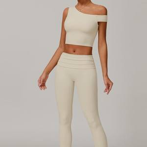 Customize <b>Seamless</b> 2pcs Yoga <b>Set</b> High Support Sports Bra One Shoulder Crop <b>Top</b> Activewear Pleated Waist Yoga <b>Leggings</b> Pants <b>Sets</b> - Product Image 2