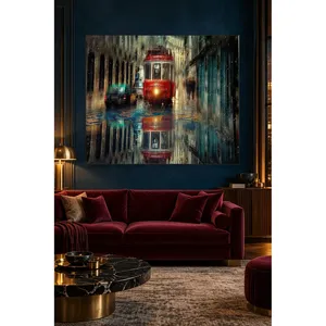 Impression sur toile du tramway rouge Fida avec lumières allumées dans une rue pluvieuse - Product Image 4