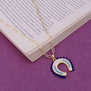 Lapis Lazuli พลอยรูปเกือกม้าคลิปหนีบกระดาษสร้อยคอชุบทองสไตล์วินเทจอุปกรณ์เสริมรูปสัตว์นำโชคทันสมัย - Product Image 3