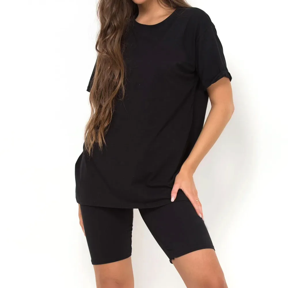 Hoge Kwaliteit Effen Zwart Korte Mouw T-Shirt En Korte Broek Vrouwen Twin Sets Ademend Snel Droog Zomer Tweedelige Tweeling Set