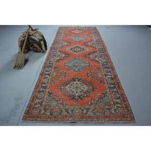 Alfombra turca Vintage de 4 pies, 6 pulgadas x 12 pies y 3 pulgadas, diseño de retazos rojo y azul, tejido plano, respaldo de látex de lana para decoraciones de sala de estar - Product Image 1