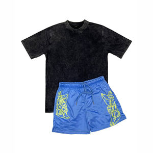 Vêtements deux-pièces à la mode d'été pour hommes de grande taille, t-shirt en coton délavé à l'acide et short en maille, tissu éponge respirant - Product Image 1