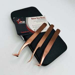 Rose Gold Plain Handle <b>Tweezers</b> With Curved Tip Stainless Steel Customised Logo Printing Beauty Lash <b>Tweezer</b> - Product Image 1