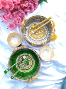 Rustic Decorative Platter Combo Bowl for Bridal Pithi Kumkum Ritual Haldi Mehandi Ceremonies Wedding Puja Thali Set Applicator - Product Image 4
