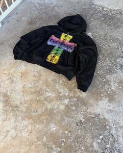 Survêtement homme OEM personnalisé de haute qualité 100% coton 80% polyester 320gsm 400gsm techniques d'hiver lavées avec strass à capuche - Product Image 3