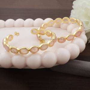 Pendiente de aro de piedra de nacimiento sin cortar en bruto natural delicado múltiples piedras preciosas ovaladas pendientes de aro de gran tamaño joyería de Latón chapado en oro de 18 quilates - Product Image 6