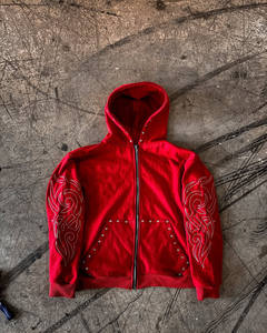 Personalizado de gran tamaño Boxy Fit Zip Up Crystal Rhinestone Sudadera con capucha para los hombres Vintage Wash Sun Faded Heavyweight 400 GSM cremallera Sudadera con capucha - Product Image 3