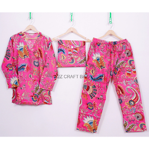 ชุดชุดนอนผ้าฝ้ายเนื้อนุ่มและระบายอากาศได้ดีมีกระเป๋าพิมพ์ลายดอกไม้ทำด้วยมือสไตล์อินเดียน้ำหนักเบาปรับเอวได้ - Product Image 2