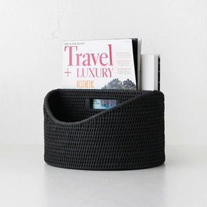 Black Round Rattan Magazine Storage Basket Handmade Natural <b>Wicker</b> Organizer For Living Room Bedside Sofa Side Book Holder - Product Image 1