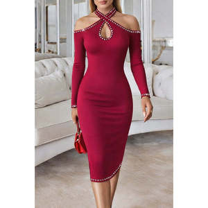 Robe midi scuba pour femme, épaules dénudées, col halter, détail tombant, ornée, 31019 - Product Image 1
