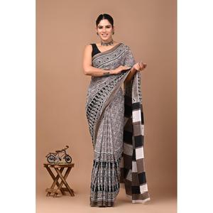 ผ้าซารีแบบจัยปุรี บาเนราสี ผ้าเน็ตจอร์เจตเนื้อนุ่มพิมพ์ลายดิจิทัล ลายพิมพ์จัยปุรีแท้ งานปักมือด้วยผ้าฝ้าย - Product Image 1