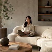 Modernes Wabi-Sabi Organisches Gebogenes Ausziehbares Sofa aus Strukturiertem Bouclé-Stoff, Minimalistisches Zen-Ecksofa für Wohnzimmer, Fitnessraum und Einkaufszentrum