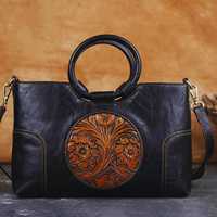 Sac à bandoulière vintage en cuir véritable 100% avec motif floral sculpté, poignée ronde et deux sangles pour usage quotidien