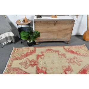 พรมสไตล์ตุรกี x 6.7ft วินเทจสีแดง & สีเบจพรมแบบเย็บปะติดทำจากยางมีพนักพิงหลังสำหรับตกแต่งห้องนั่งเล่น - Product Image 2