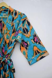 Bata Kimono de Algodón Ikat Turquesa Unisex, Larga, con Cuello en V y Cintura Ajustable, Ligera, para Descansar y Dormir, para Verano y Otoño - Product Image 2