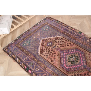Tapis en laine turque 3,4x6,1 pi (105x186 cm) écologique, patchwork, avec support en latex, violet ombré, tapis vintage - Product Image 4