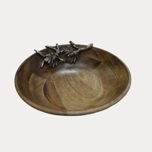 Ensaladera de madera de acacia hecha a mano, cuenco de fruta ecológico, nueva elegancia con detalles de peltre sólido para fiestas de boda - Product Image 2