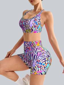 Custom Wholesale Sublimation Printed Womens Yoga <b>Set</b> <b>Sports</b> <b>Bra</b> & Boxer <b>Shorts</b> 2 Piece Activewear <b>Set</b> - Product Image 3
