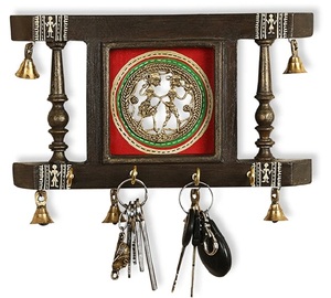 Brass People On Teak Wood <b>Warli</b> Hand-Painted Key Holder With Dhokra Art 4Hooks Mounted Mail Holder for Home Wall Door Key Stand - Product Image 1