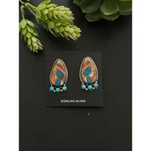 Boucles d'oreilles pendantes Navajo faites à la main en argent sterling avec pierres multiples et turquoise, avec grappe de pendentifs sur tige - Product Image 5