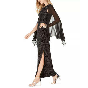 Abito da sera semplice da donna in chiffon floccato argentato con ricami, taglia XL, modello a trapezio, vita naturale - Product Image 3