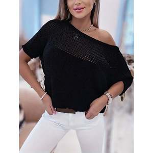Women's Casual Breathable Cold Shoulder Open-Knit Acrylic <b>Pullover</b> <b>Sweater</b> with Cartoon Embroidery - Product Image 1