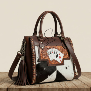 Bolso de mano de cuero de vaca con pelo para mujer, diseño de póker repujado, estilo western, bolso tote, bolso de hombro con diseño de cartas de póker, mini bolso de cuero repujado - Product Image 1