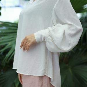 Femmes élégant motif à carreaux floraux Blouses 15% lin 85% rayonne manches longues Vintage tissé uni teint été mode formelle - Product Image 4