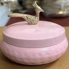 Nombre del producto: caja de servicio de metal blanco y cuarzo rosa martillado con tapa de pavo real. - Product Image 4